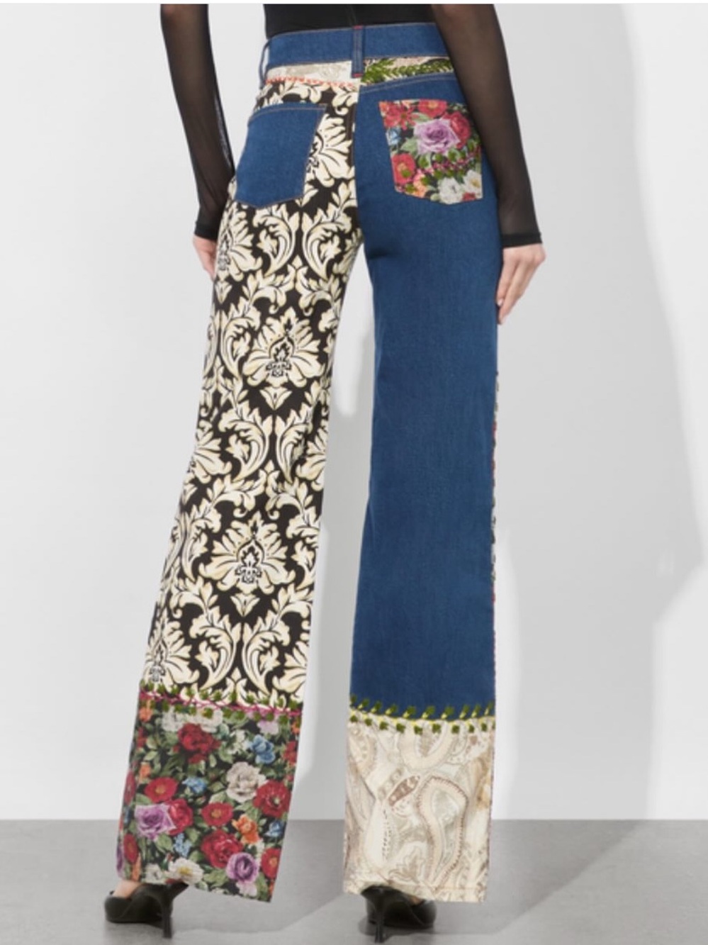 Alice + Olivia Multicolor Patchwork Flare Jeans - Blue, Black, Floral - Picture 2 of 13